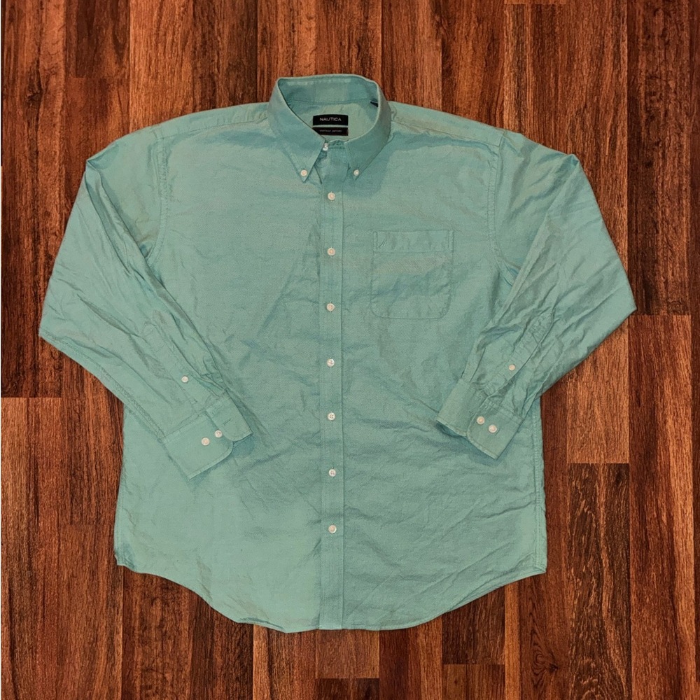 Nautica Mens Vintage Oxford Button Down Shirt Teal Green Long Sleeve XL